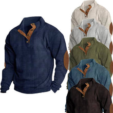 Load image into Gallery viewer, Button Neck Pullover Sweater with Fleece Lining and Elbow Patches

