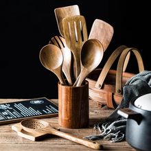 Load image into Gallery viewer, 9 Piece Teak Wooden Cooking Utensil Set with Holder
