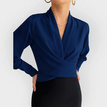 Load image into Gallery viewer, Elegant women's long-sleeve wrap blouse, perfect for office wear or a casual chic look.
