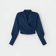 Load image into Gallery viewer, Chic women's wrap-front blouse, a sophisticated long-sleeve top for professional office attire or everyday elegance.
