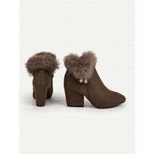 Load image into Gallery viewer, Womens Block Heel Ankle Boots with a Plush Collar, Pointed Toe and Side Zip in Brown or Black

