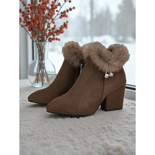 Load image into Gallery viewer, Womens Block Heel Ankle Boots with a Plush Collar, Pointed Toe and Side Zip in Brown or Black
