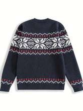 Load image into Gallery viewer, Mens Nordic Snowflake Knit Sweater with Ribbed Cuffs and Hem and a Round Neck in Navy
