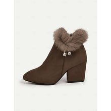 Load image into Gallery viewer, Womens Block Heel Ankle Boots with a Plush Collar, Pointed Toe and Side Zip in Brown or Black
