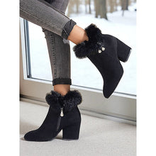Load image into Gallery viewer, Womens Block Heel Ankle Boots with a Plush Collar, Pointed Toe and Side Zip in Brown or Black
