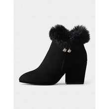 Load image into Gallery viewer, Womens Block Heel Ankle Boots with a Plush Collar, Pointed Toe and Side Zip in Brown or Black
