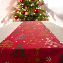Load image into Gallery viewer, Red Christmas tree print table runner festive setting
