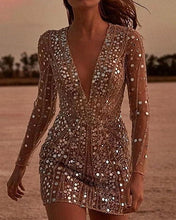 Load image into Gallery viewer, Womens Sequin Evening Dress with V Neck and Sheer Sleeves
