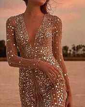 Load image into Gallery viewer, Womens Sequin Evening Dress with V Neck and Sheer Sleeves

