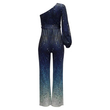 Load image into Gallery viewer, One Shoulder Sequin Disco Jumpsuit with Split Sleeve, Tie Waist and Wide Legs
