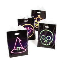 Load image into Gallery viewer, Neon Halloween Plastic Goody Bags Pack of 100 in Four Designs with Cutout Handles for Party Favors
