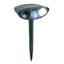 Load image into Gallery viewer, Solar Powered Ultrasonic Animal Repeller with Motion Sensor, Flashing LED Light and Ground Stake
