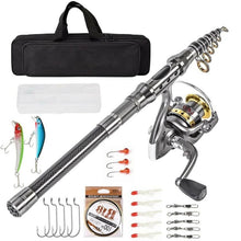 Load image into Gallery viewer, Carbon Fiber Telescopic Fishing Rod and Reel Combo with Line, Lures, and Carry Bag
