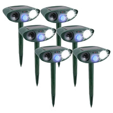 Load image into Gallery viewer, Solar Powered Ultrasonic Animal Repeller with Motion Sensor, Flashing LED Light and Ground Stake
