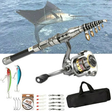 Load image into Gallery viewer, Carbon Fiber Telescopic Fishing Rod and Reel Combo with Line, Lures, and Carry Bag
