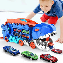 Load image into Gallery viewer, Transforming Dinosaur Truck Toy with Two Race Tracks and Eight Mini Cars in Blue, Red or Green
