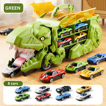 Load image into Gallery viewer, Transforming Dinosaur Truck Toy with Two Race Tracks and Eight Mini Cars in Blue, Red or Green
