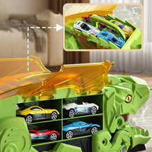 Load image into Gallery viewer, Transforming Dinosaur Truck Toy with Two Race Tracks and Eight Mini Cars in Blue, Red or Green
