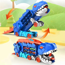 Load image into Gallery viewer, Transforming Dinosaur Truck Toy with Two Race Tracks and Eight Mini Cars in Blue, Red or Green

