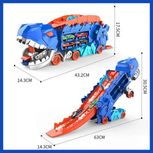 Load image into Gallery viewer, Transforming Dinosaur Truck Toy with Two Race Tracks and Eight Mini Cars in Blue, Red or Green
