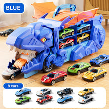Load image into Gallery viewer, Transforming Dinosaur Truck Toy with Two Race Tracks and Eight Mini Cars in Blue, Red or Green
