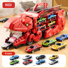 Load image into Gallery viewer, Transforming Dinosaur Truck Toy with Two Race Tracks and Eight Mini Cars in Blue, Red or Green
