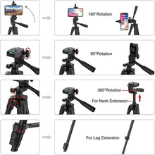 Load image into Gallery viewer, Extendable Camera Tripod 20 to 55 Inches with Phone Holder Remote Shutter and Carry Bag
