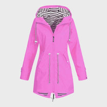 Load image into Gallery viewer, Womens Long Hooded Rain Jacket with Adjustable Drawstring and Water Resistant Shell

