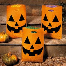 Load image into Gallery viewer, Large Orange Plastic Goody Bags Pack of 50 with Jack O Lantern Face for Halloween Candy Hauls
