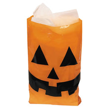Load image into Gallery viewer, Large Orange Plastic Goody Bags Pack of 50 with Jack O Lantern Face for Halloween Candy Hauls
