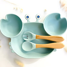 Load image into Gallery viewer, Silicone Crab Shaped Baby Feeding Set with Bamboo Utensils
