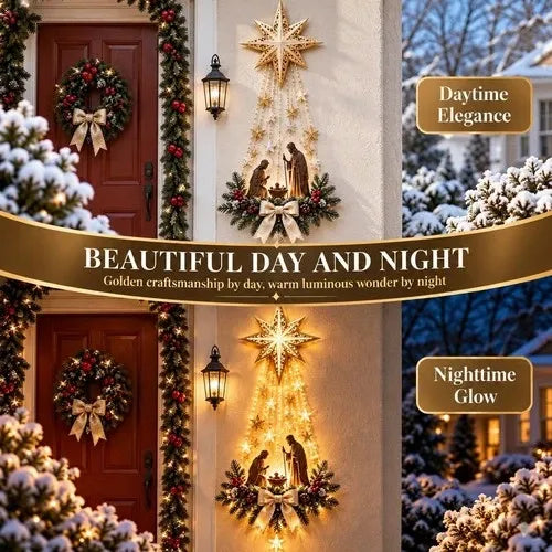 Lighted Hanging Nativity Ornament with Resin Holy Family Figures, a Cut Star and Warm White LED Lights
