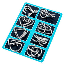 Load image into Gallery viewer, Eight Piece Metal Wire Puzzle Set with Smooth Finish for Desks and Travel Bags
