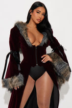 Load image into Gallery viewer, Wine Colored Caped Costume Set with Fur Trim Hood
