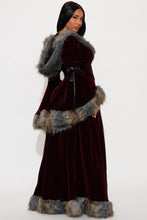 Load image into Gallery viewer, Wine Colored Caped Costume Set with Fur Trim Hood
