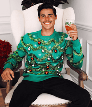Load image into Gallery viewer, Mens Gaudy Garland Christmas Sweater with Shiny Baubles and Tinsel Trim

