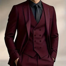 Load image into Gallery viewer, Dynamic pose of a man in a slim fit double-breasted 3-piece suit with an elegant waistcoat.

