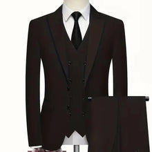 Load image into Gallery viewer, Elegant slim fit men's double-breasted suit. Complete 3-piece set with waistcoat for events.

