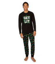Load image into Gallery viewer, Mens Christmas Lights Pajama Set with Get Lit Slogan Top and Printed Pants
