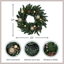 Load image into Gallery viewer, Lifelike Green Pine Christmas Wreath with Gold Ball Ornaments 22 Inch Unlit
