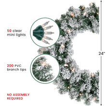 Load image into Gallery viewer, Prelit Flocked White Christmas Wreath with 50 Clear Lights 24 Inch
