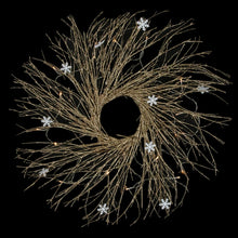Load image into Gallery viewer, Prelit Gold Glitter Twig Christmas Wreath with Snowflakes and Warm White Lights 28 Inch
