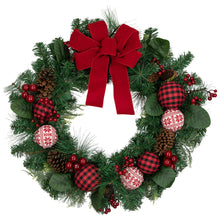 Load image into Gallery viewer, Red Bow Christmas Wreath with Plaid and Snowflake Ornaments 30 Inch Unlit
