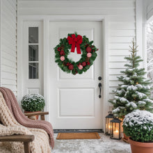 Load image into Gallery viewer, Red Bow Christmas Wreath with Plaid and Snowflake Ornaments 30 Inch Unlit
