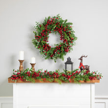 Load image into Gallery viewer, Mixed Pine and Cedar Christmas Wreath with Red Berries and Holly 30 Inch Unlit

