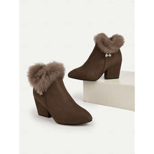 Load image into Gallery viewer, Womens Block Heel Ankle Boots with a Plush Collar, Pointed Toe and Side Zip in Brown or Black
