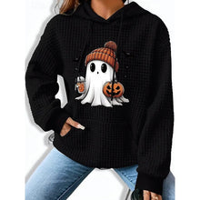 Load image into Gallery viewer, Womens Halloween Hoodie with a Ghost and Pumpkin Design, Front Pocket and a Relaxed Fit in Three Colors
