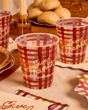Load image into Gallery viewer, Paper Cups with Give Thanks Script and Burgundy Plaid Pattern, 16-Count
