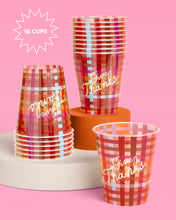 Load image into Gallery viewer, Paper Cups with Give Thanks Script and Burgundy Plaid Pattern, 16-Count
