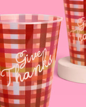 Load image into Gallery viewer, Paper Cups with Give Thanks Script and Burgundy Plaid Pattern, 16-Count
